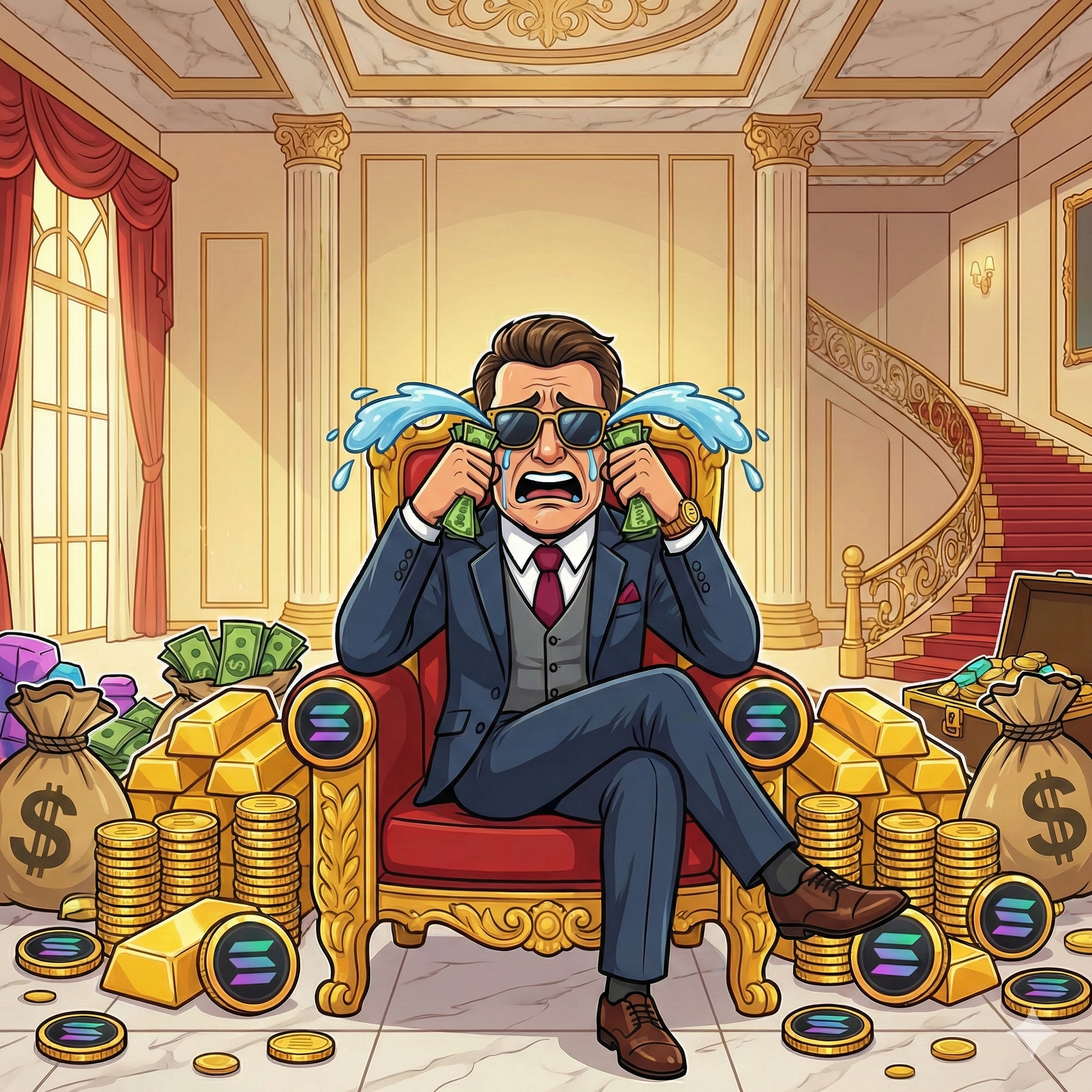 Crying rich guy on Solana throne